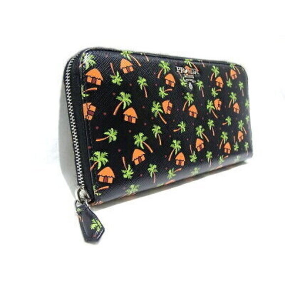 Prada Round Zip Long Wallet Black Wallow Calfskin SAFFIANO Palm Tree House - Picture 2 of 5